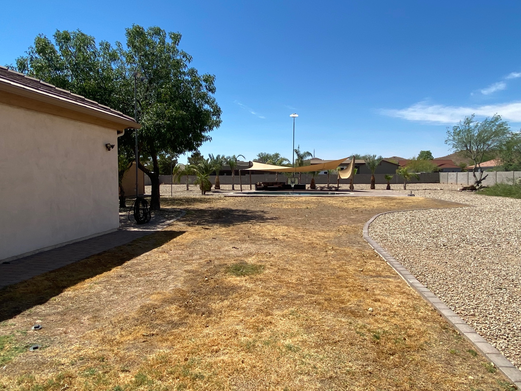 Before — Dead lawn → Manicured turf & pavers