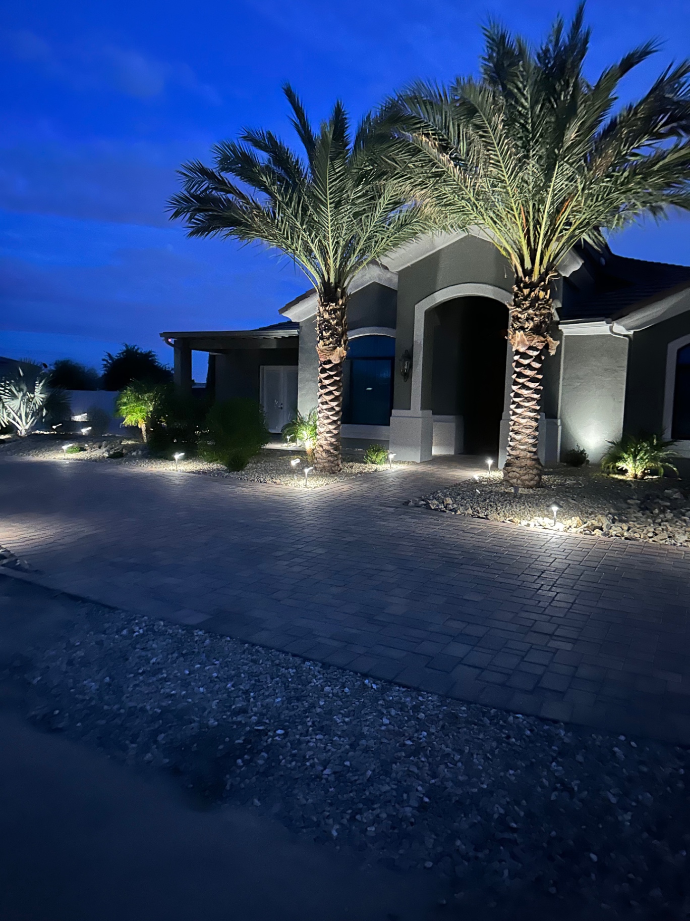 Aurora Estate — arched entry with palm-flanked walkway