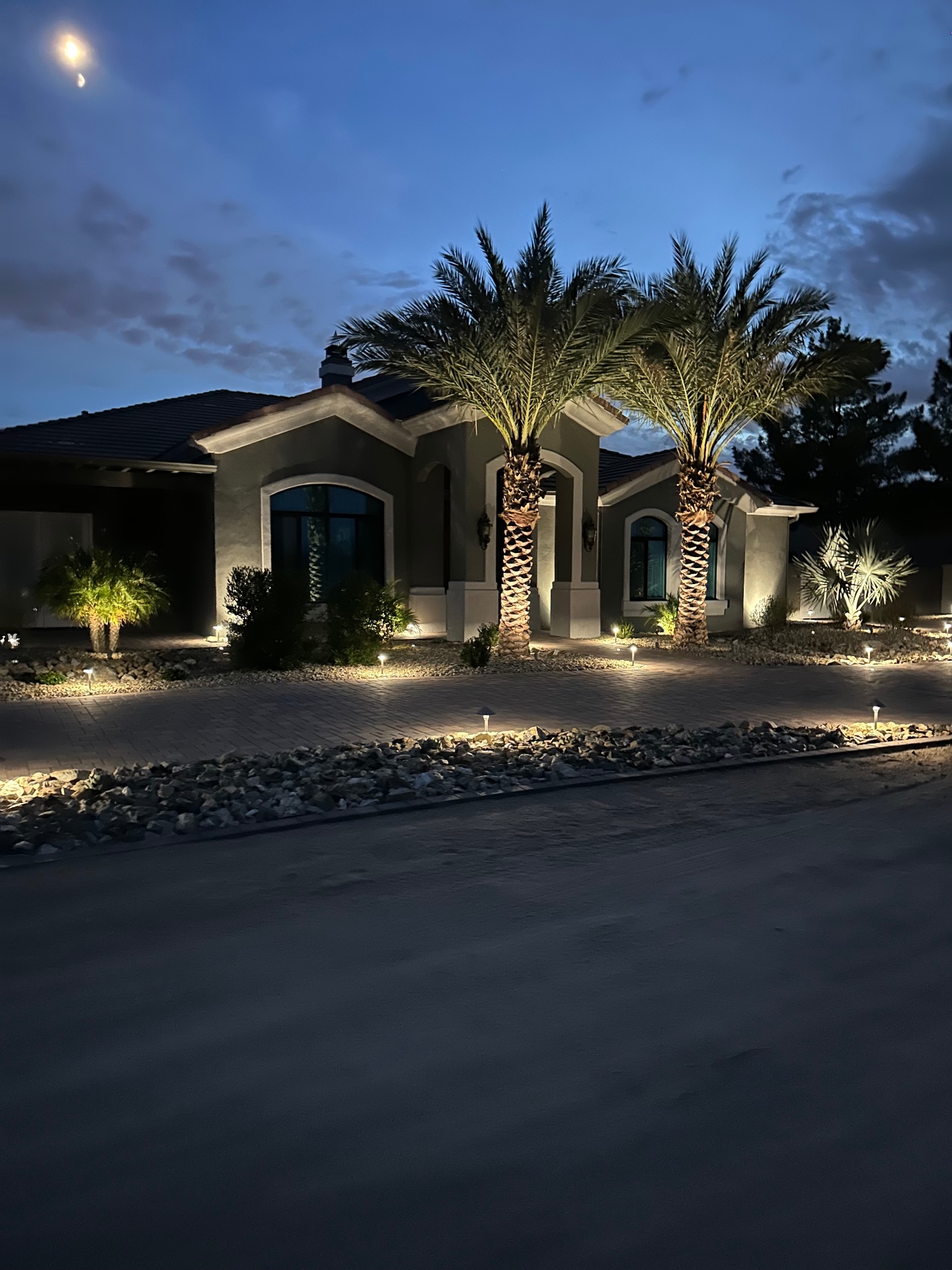 Aurora Estate — front facade with twin date palms uplit at blue hour