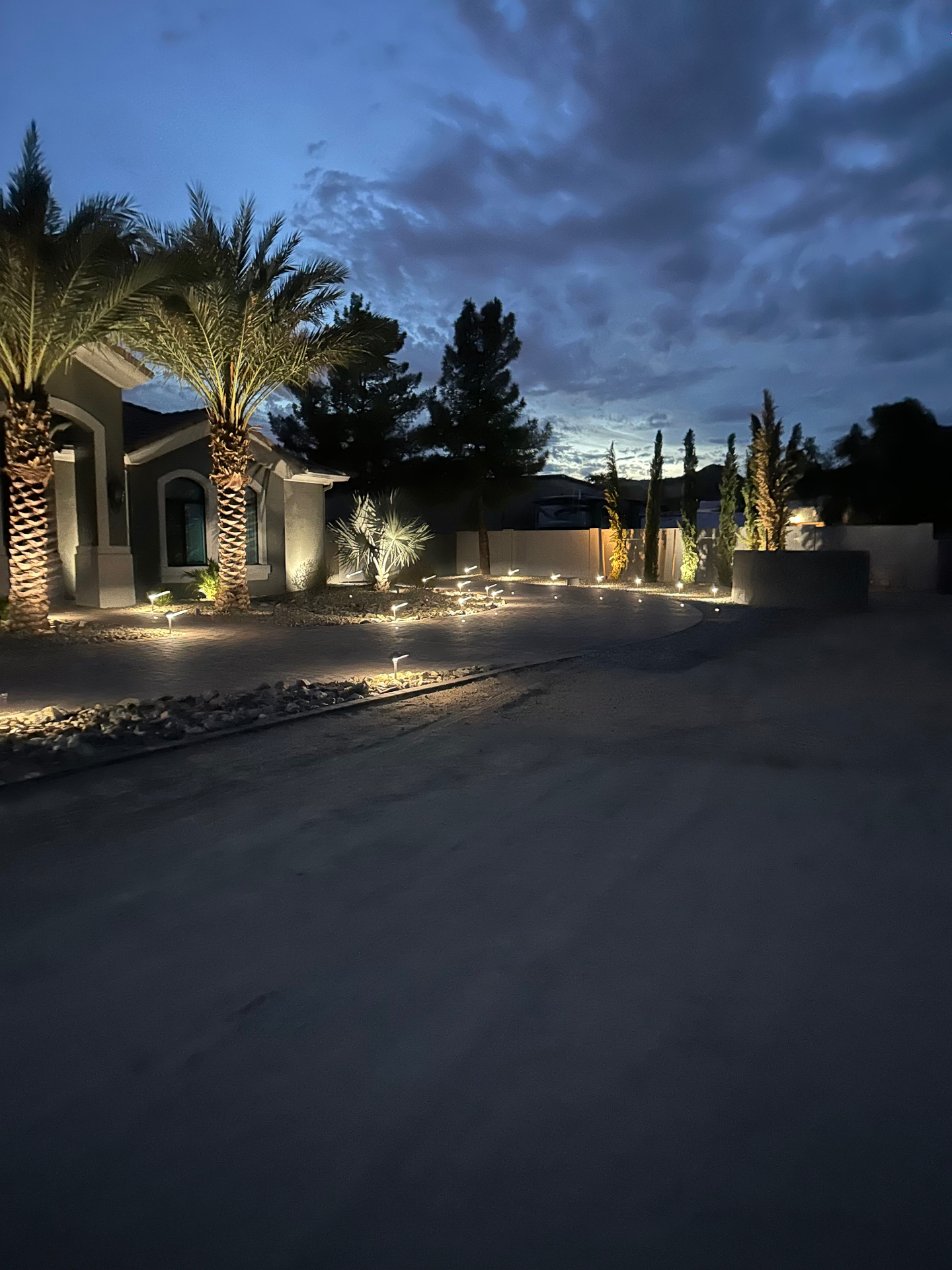 Aurora Estate — curving driveway with sequenced path lights and Italian cypress